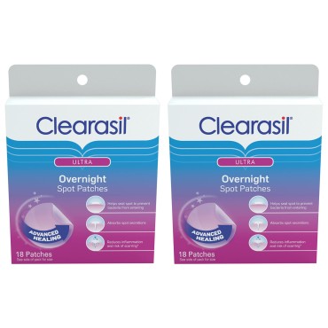 Clearasil Overnight Spot Patches, Advanced Healing Hydrocolloid Acne Pimple Treatment, Blemish Spot Stickers for Face, 18 Count (Pack of 2)