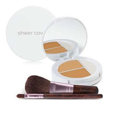 Sheer Cover - Flawless Face Kit - Perfect Shade Mineral Foundation - Conceal & Brighten Highlight Trio - with FREE Foundation Brush and Concealer Brush - Tan Shade - 4 Pieces