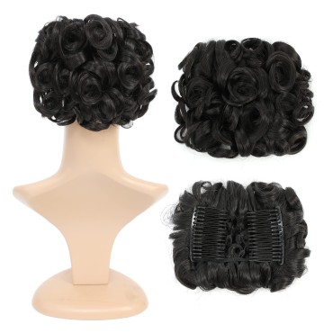 SWACC Short Messy Curly Dish Hair Bun Extension Easy Stretch hair Combs Clip in Ponytail Extension Scrunchie Chignon Tray Ponytail Hairpieces (Natural Color Close to Black-2#)