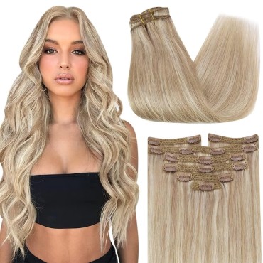 Sunny Clip in Hair Extensions Real Human Hair Blonde Clip in Human Hair Extensions Ash Blonde Highlighted Bleach Blonde Human Hair Extensions Clip ins Pink Hue Blonde Hair Extensions 7pcs 120g 18inch