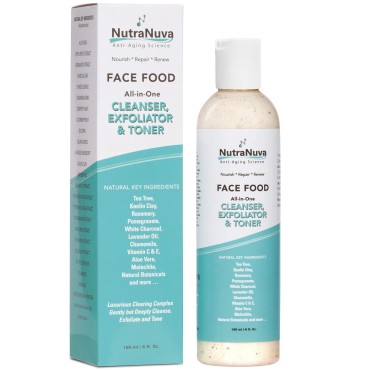NutraNuva Face Food - Cleanser, Exfoliator & Toner All-in-One - Clear Skin Natural Vegan Facial Wash, Tea Tree & Clay, Gentle Clean Anti Aging, Not Drying/Oily, Restore pH, Fight Acne, 6 Oz