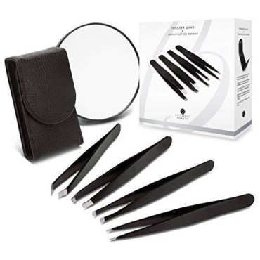 Brilliant Beauty 4-Piece Professional Tweezer Set with Case & Mirror by Precision Tweezers Kit Slant, Pointed, Curved & Flat Tips for Eyebrow, Ingrown Hair, Splinter Removal, Black, 1 Count