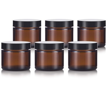 2 oz / 60 ml Amber Glass Straight Sided Jar with Black Foam Lined Lids (6 Pack)