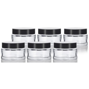 1 oz/ 30 ml Clear Glass Thick Wall Balm Jars with Black Foam Lined Smooth Lids (6)