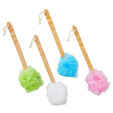 4 Pack Back Scrubber for Shower with Long Handle, Loofah on a Stick for Exfoliating, 4 Assorted Colors, 16 in
