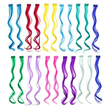 SWACC 22 Pcs Colored Party Highlights Clip on in Hair Extensions Multi-Colors Hair Streak Synthetic Hairpieces (11 Colors 22 Pcs in Set -Curly Wavy)