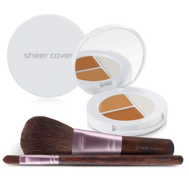 Sheer Cover - Flawless Face Kit - Perfect Shade Mineral Foundation - Conceal & Brighten Highlight Trio - with FREE Foundation Brush and Concealer Brush - Dark Shade - 4 Pieces