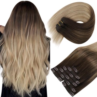 Sunny Ombre Clip in Hair Extensions Human Hair Extensions Clip ins Dark Brown Ombre Light Brown Mix Ash Brown Clip in Extensions Human Hair Ombre Hair Extensions Thick End 14inch 120g 7PCS