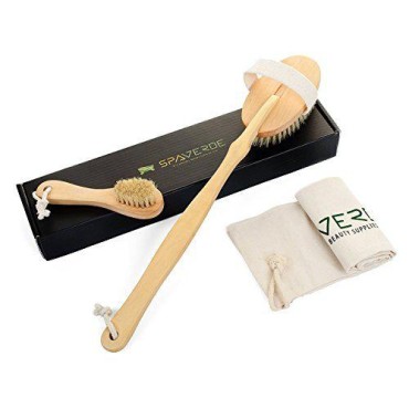 Natural Boar Bristle Body Brush & Face Brush Set for Dry Brushing, Bath and Shower with White Long Handle - Exfoliate Skin, Reduce Cellulite & Improve Circulation - Bonus Travel Bag - Great as a GIFT