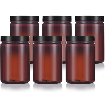 25 oz Large Amber PET Plastic (BPA Free) Refillable Empty Jar (6 pack, Black Smooth Foam Lined Lid)
