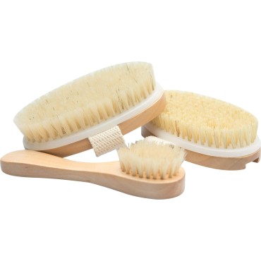 Essential Living: 3-Piece Dry Brushing Spa Kit - 1 Face Brush, 2 Body Scrub Brushes and a Cotton Bag - Body and Skin Care for Exfoliation, Blood Circulation and Lymphatic System Stimulation Support
