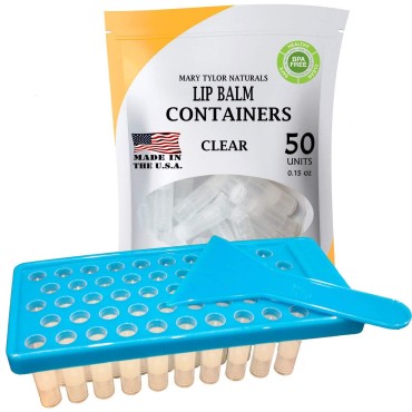 Lip Balm Container Tray Kit with Fill Tray and Spatula, BPA Free, Made in the USA, Includes 50 Clear Containers with Caps (0.15 oz each) by Mary Tylor Naturals