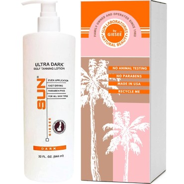 Sun Laboratories Ultra Dark Self-Tanning Lotion for Body and Face - Sunless Tan Golden Glow - Dark - 32 oz Bottle