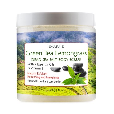 Evarne Green Tea Lemongrass Dead Sea Salt Body Scrub with 7 Essential Oils and Vitamin E