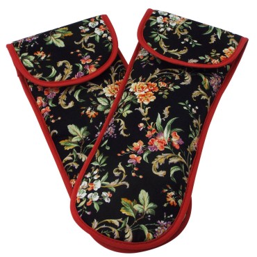 Heat-resistant Flat Iron Cover- Set of 2 - Black with Floral Pattern and Red Trim