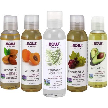 New Now Foods Solutions 5 Pack - Carrier Oil Gift Set: Almond Oil - Grapeseed Oil - Avocado Oil - Apricot Oil - Vegetable Glycerine Oil 100% Natural Moisturizing Massage 4 Oz