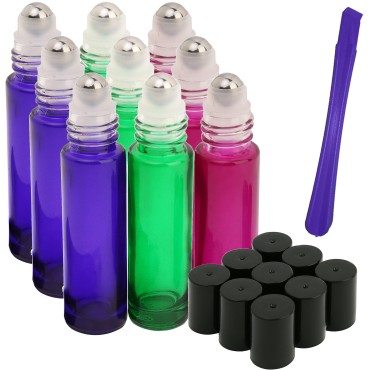 JamHoo 9Pcs, 10ml Glass Roller Bottles with Stainless Steel Roller Ball - Refillable Essential Oil Roll on Bottles with Lid Opener Pry Tool, Great for Aromatherapy, Perfumes and Lip Balms