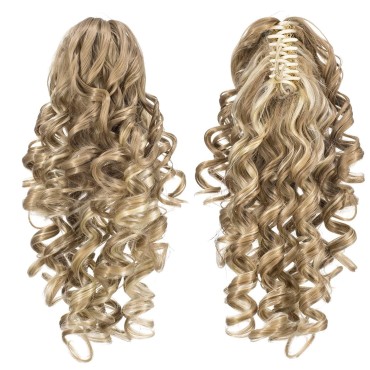 SWACC 12-Inch Short Screw Curls Claw Clip Ponytail Extensions Synthetic Clip in Drawstring Curly Ponytail Hairpiece Jaw Clip Hair Extension (Beige/Blonde Mixed-24H613#)