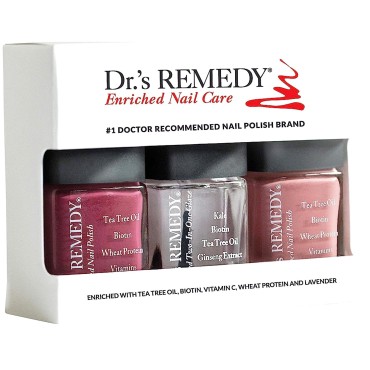 Dr’s Remedy 3 Pack Nail Polish Kit, ANNIVERSARY Kit, All Natural Enriched Nail Strengthener Non Toxic and Organic - BRAVE Berry/TOTAL Two-in-One Glaze/RESILIENT Rose