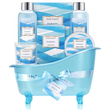 Bath and Body Gift Baskets for Women, Body & Earth Spa Gift Sets for Women, 7 Pcs Ocean Bath Set with Bubble Bath, Bath Salt, Body Lotion, Scented Candle, Spa Kit for Women, Christmas Gifts for Women