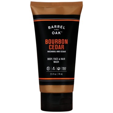 Barrel and Oak - All-In-One Body Wash, Men's Body Wash, Men's Soap for Hair, Face, & Body, Essential Oil-Based Scent, Cedarwood & Bourbon Aroma, Travel Size Body Wash, Vegan (Bourbon Cedar, 2.5 oz)