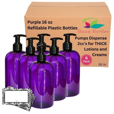 Baire Bottles 16 oz Empty Refillable Plastic Pump Bottles Dispenser FOR THICK PRODUCTS 6 Pk BPA Free Refillable Shampoo Lotion Soap Waterproof Labels USA (Purple with Black Lotion Pump, Damask Labels)