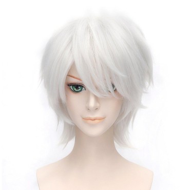Alacos Unisex Short Spiky Silver Wig Natural Soft Sexy Daily Party Costumes Synthetic Anime Cosplay Wig + Free Wig Cap (Silver White)