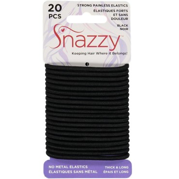 Snazzy Black Hair Bands Thick 20pcs Soft Painless No Damage Hair Elastics Ties Twists 140mm in Length and 4mm in Width Strong Reuseable 1 Pack 20 per card