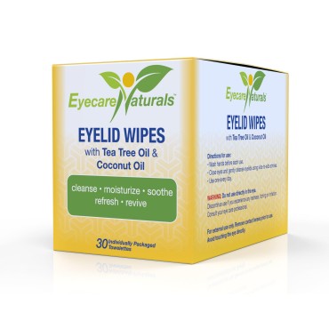 Eyecare Naturals Tea Tree Oil Eyelid Wipes with Coconut Oil - Dry Eye Wipes No Rinse, Natural Essential Oil Cleansing Eye Wipes - Daily Eyelid Makeup Remover - Box of 30 Individually Wrapped Wipes
