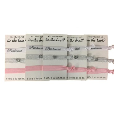 Bridesmaid Hair Ties, Bridesmaid Proposal Gifts-5 Pack Pink Ribbon Hair Ties No Crease Elastics Handtied Ouchless Ponytail Holders Hair Band Bracelet Favors for Bachelorette Parties, Bridal Showers