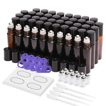 ULG Roll on Bottles 10ml Amber Glass Empty Bottles 8 Piece with Stainless Steel Roller Ball 2 Extra Balls 8 Piece Waterproof Labels 1 Opener and 3ml Dropper for Essential Oils