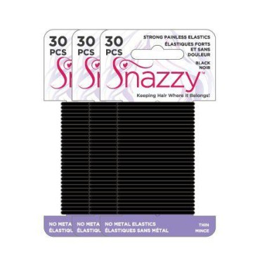 Snazzy Black Hair Bands Thin 90pcs Soft Painless No Damage Hair Elastics Ties Twists 90mm in Length and 2mm in Width Strong Reuseable 3 Pack 30 per card
