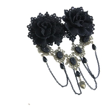 Gothic Vintage Black Lace Rose Flower Hair Clip With Pearl Chain Tassels Hair Barrettes for Women Princess Headwear