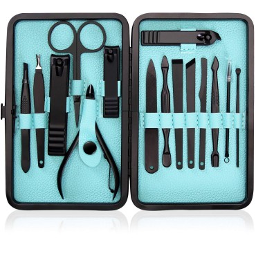 Utopia Care 15 Pieces Manicure Set - Stainless Steel Manicure Nail Clippers Pedicure Kit - Professional Grooming Kits, Nail Care Tools with Luxurious Travel Case (Black)