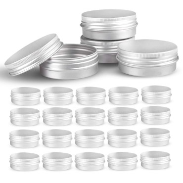 Round Silver Aluminum Metal Tin Storage Jar Containers with Secure Screw Top Lids for Cosmetic, Lip Balm,Salves, Candles,Skin Care and tea, 24pcs