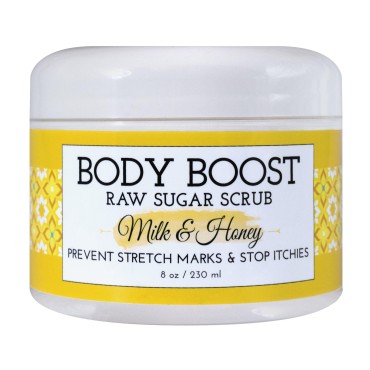 Body Boost Milk & Honey Sugar Scrub 8 oz- Treat Dry Skin Stretch Marks and Scars- Pregnancy and Nursing Safe- Allergen Free