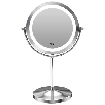 1X/10x Magnified Lighted Makeup Mirror Double Sided Round Magnifying Mirror Standing 360 Degree Swivel Vanity Mirror Battery Operated 7 Inch Diameter Shaving Bathroom Mirror