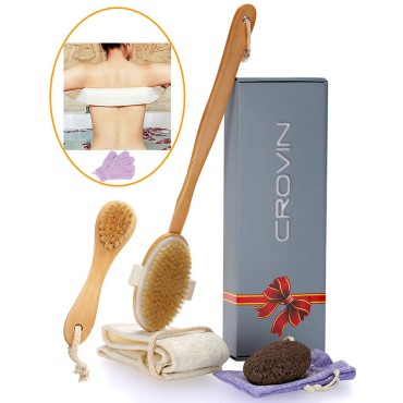 Dry Brushing Body Brush - Natural Boar Bristle Dry Brush Set for Body and Face Brushing - Ski Brushing - Loofah Back Scrubber - Bath and Shower Gloves - Pumice Stone Foot Scrub - Men and Women