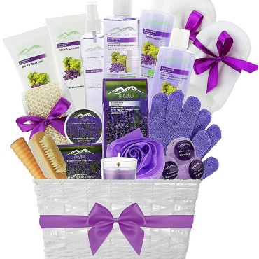 Deluxe XL Spa Gift Basket with Essential Oils. 20 Piece Luxury Bath & Body Gift Set with Bath Bombs, Bubble Bath & More! Natural Organic Huge Bath Gift Set for Her, Holiday Gift (Grapeseed & Lavender)
