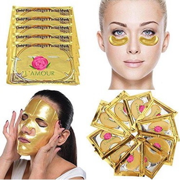 L'AMOUR yes! 20 Pairs of Eye Masks + 5 Face Masks | 24K Gold Powder Crystal Gel Collagen Facial & Eye Mask Set | Anti-Aging & Moisturizing; Reduces Dark Circles, Puffiness, Wrinkles