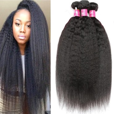 Mei You 9A Kinky Straight Hair 3 Bundles Yaki Human Hair Weave Unprocessed Brazilian Virgin Remy Sew in Hair Extensions Natural Black (12 14 16)