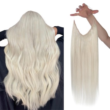 Sunny Invisible Wire Hair Extensions Blonde Human Hair Wire Extensions Platinum Blonde Hair Extensions with Transparent Wire Adjustable Fish Line Hair Extensions 80g 16inch
