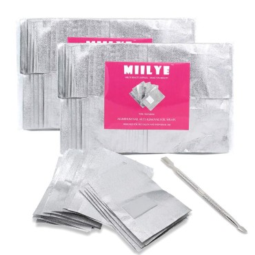 MIILYE Nail Remover Foil Wraps for Acrylic/UV/Gel Polish Soak-off Removal, with Pre-attached Lint Free Pad, Pack of 200 Wraps + 1x Stainless Steel Nail Manicure Remover Scraper Cuticle Pusher Kit