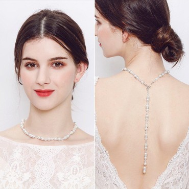 FXmimior Bridal Jewelry Backdrop Necklace Rhinestone Back chain Jewelry For Women