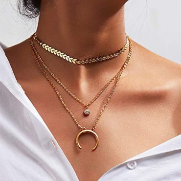 FXmimior Multi Layer Necklace Moon Pendant Choker Crystal Pendant for Women Girl (gold)