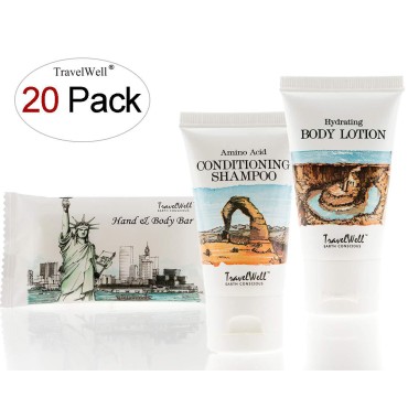 TRAVELWELL Landscape Series Hotel Toiletries Amenities Travel Size Massage Cleaning Soaps 1.0oz/28g,Shampoo & Conditioner 2 in 1,Body Lotion each 20 Individually Wrapped