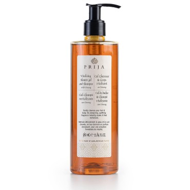Prija Vitalizing Shower Gel & Shampoo with Ginseng (12.84 fl oz) - Toning and Revitalizing - Vegan Friendly - Dermatologically Tested - Made with 100% Recycled Bottle