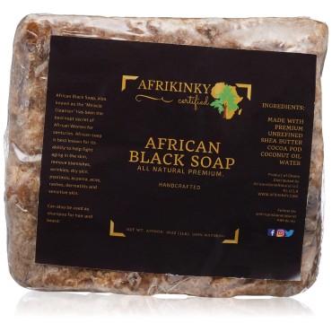 AFRIKINKY Premium Quality Authentic African Black Soap - Bulk 1lb Raw Organic Soap for Acne, Dry Skin, Rashes, Burns, Scar Removal, Face & Body Wash, 100% Natural Beauty Bar From Ghana Fair Trade