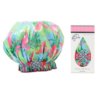 Dry Divas Designer Shower Cap - Washable, Reusable - Large Bouffant With Vintage Jeweled Brooch (Single And Ready To Fla-mingle)