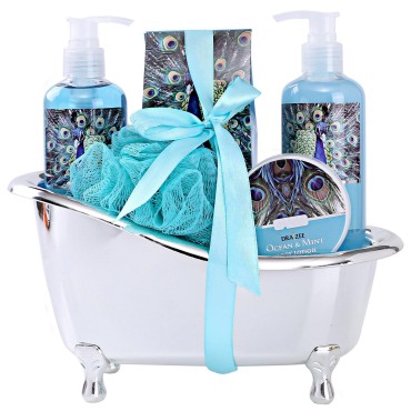 Draizee Spa Basket For Women - 5 Pcs Ocean Mint Scented Bath and Body Spa Gift Basket for Women with Gift for Her Includes Shower Gel, Body Lotion, Bubble Bath, Puff Perfect Christmas Gift For Women